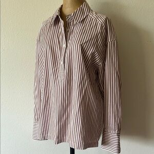 Argent sz 4 or L brown white stripe cotton 1/2 button down v neck new condition